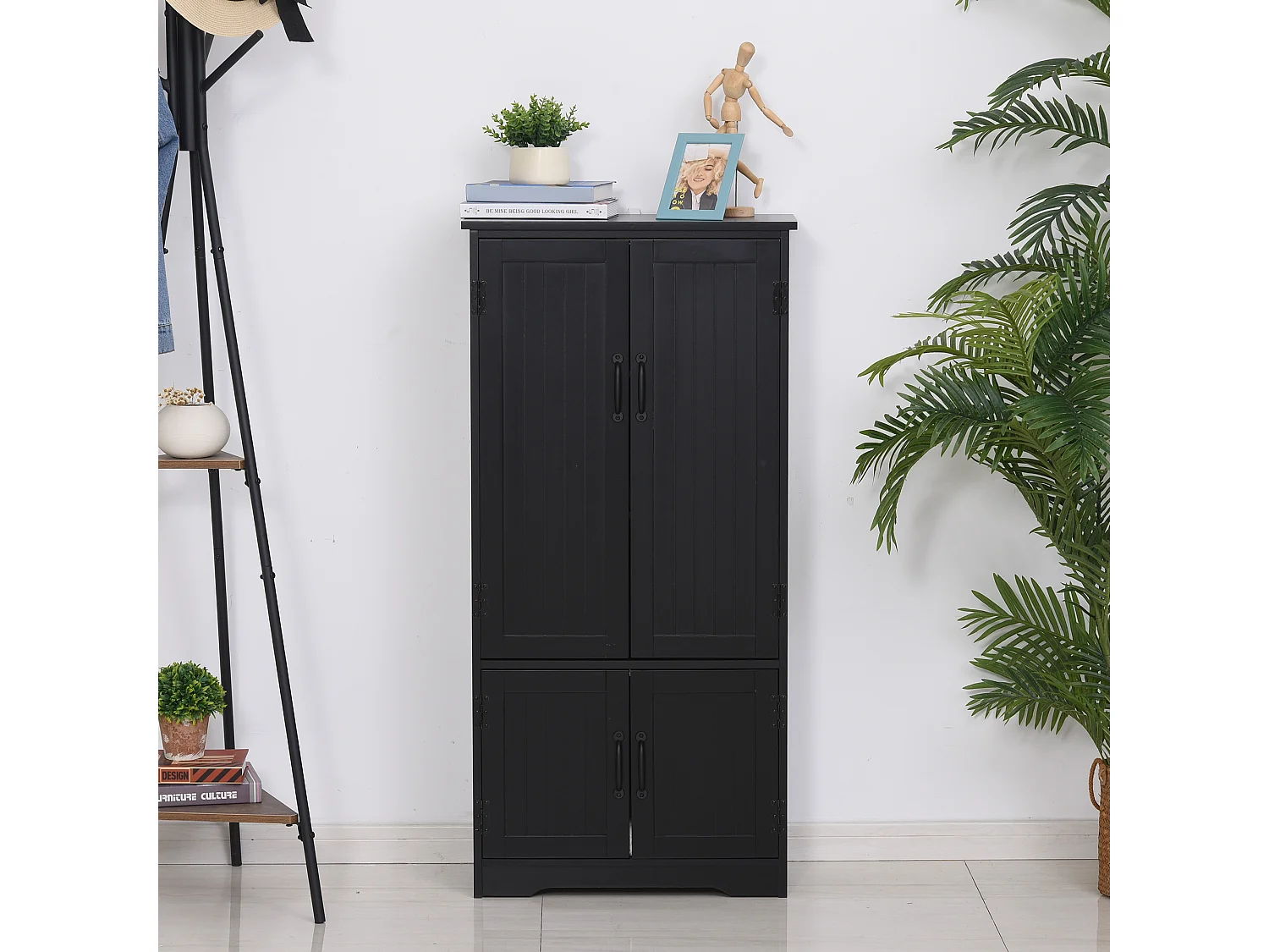 Armoire de cuisine contemporaine multi-rangements 2 placards 3 étagères MDF panneaux particules noir