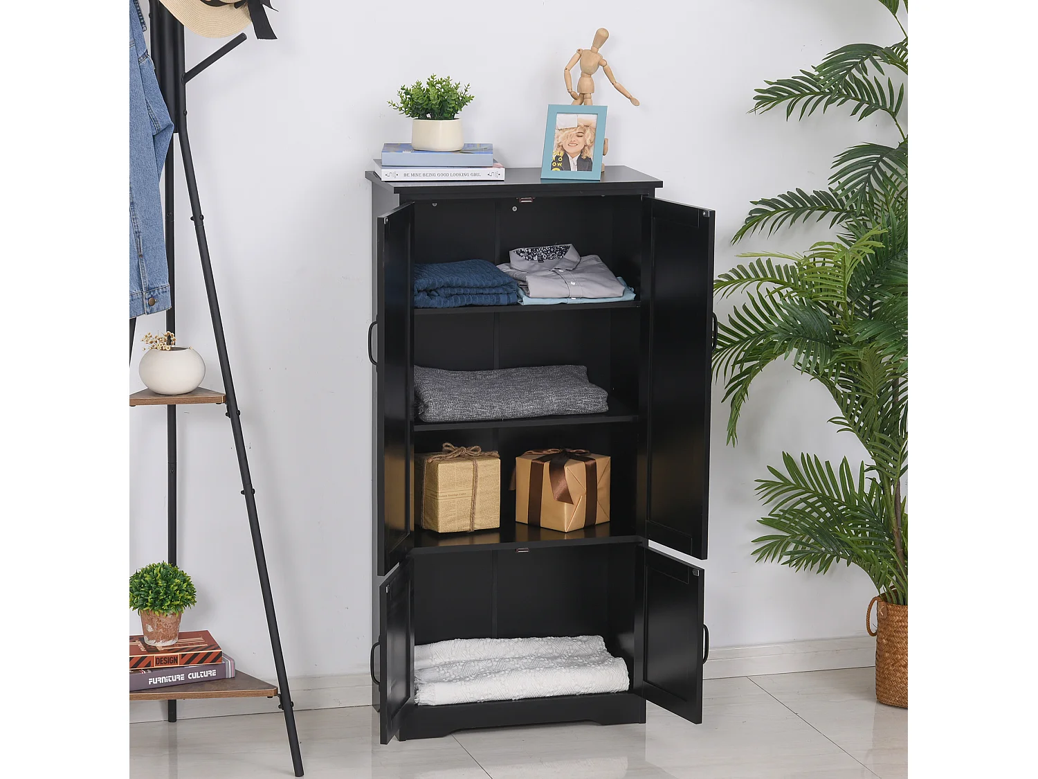 Armoire de cuisine contemporaine multi-rangements 2 placards 3 étagères MDF panneaux particules noir