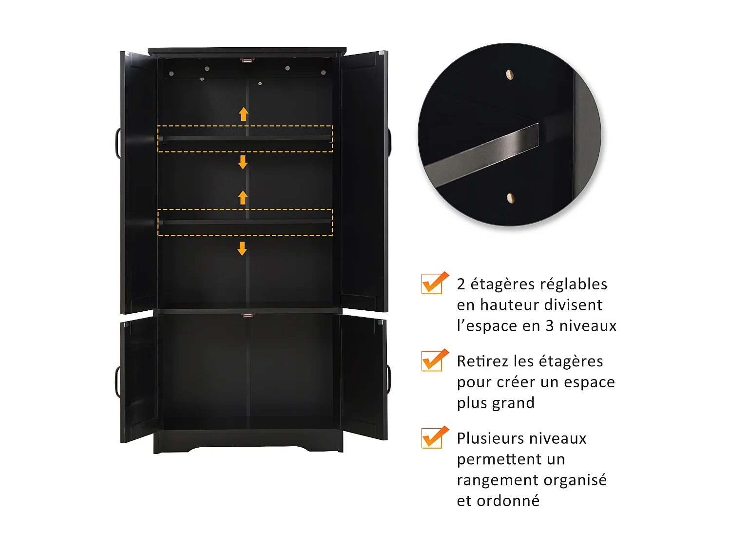 Armoire de cuisine contemporaine multi-rangements 2 placards 3 étagères MDF panneaux particules noir