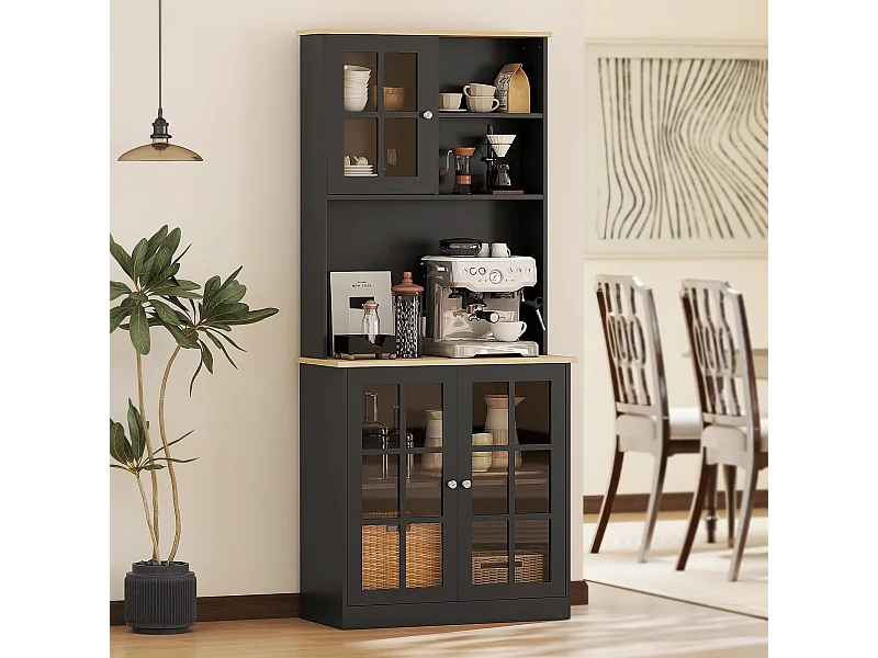 Armoire de cuisine multi-rangements 3 portes vitrine verre avec étagère 2 niches grand plateau MDF noir chêne