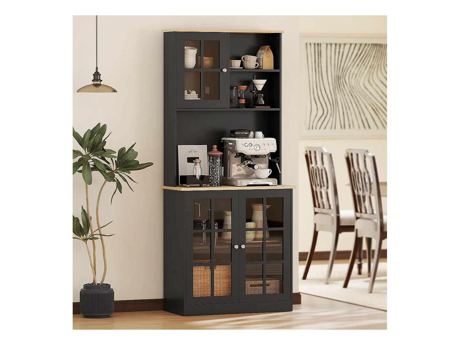 Armoire de cuisine multi-rangements 3 portes vitrine verre avec étagère 2 niches grand plateau MDF noir chêne