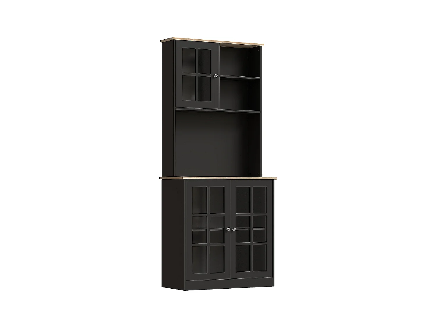 Armoire de cuisine multi-rangements 3 portes vitrine verre avec étagère 2 niches grand plateau MDF noir chêne