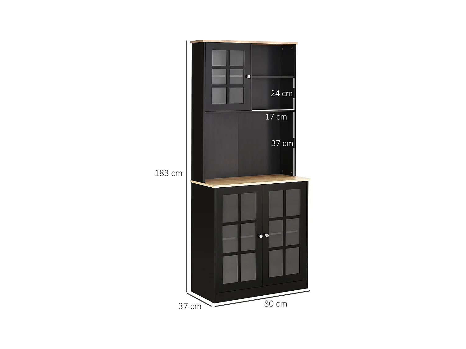 Armoire de cuisine multi-rangements 3 portes vitrine verre avec étagère 2 niches grand plateau MDF noir chêne