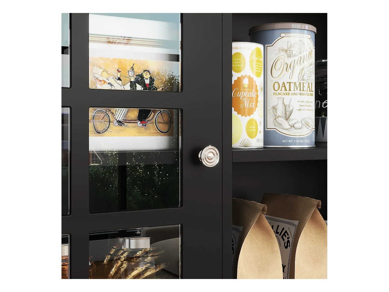 Armoire de cuisine multi-rangements 3 portes vitrine verre avec étagère 2 niches grand plateau MDF noir chêne