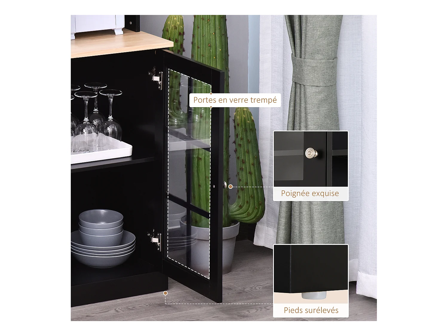 Armoire de cuisine multi-rangements 3 portes vitrine verre avec étagère 2 niches grand plateau MDF noir chêne