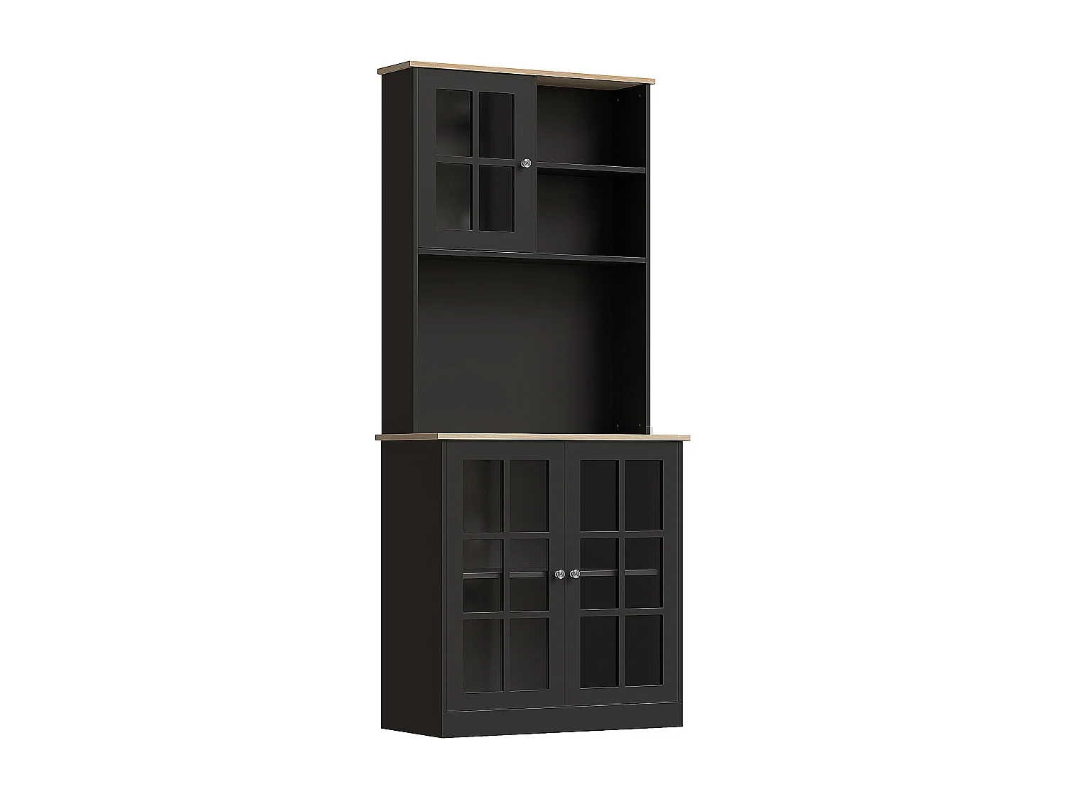 Armoire de cuisine multi-rangements 3 portes vitrine verre avec étagère 2 niches grand plateau MDF noir chêne