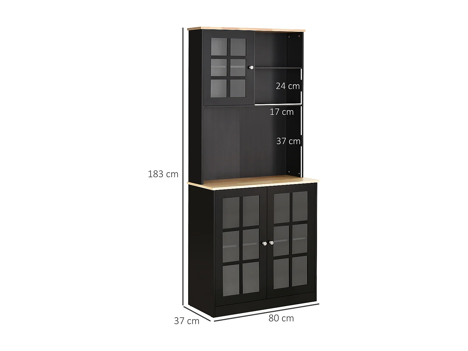 Armoire de cuisine multi-rangements 3 portes vitrine verre avec étagère 2 niches grand plateau MDF noir chêne