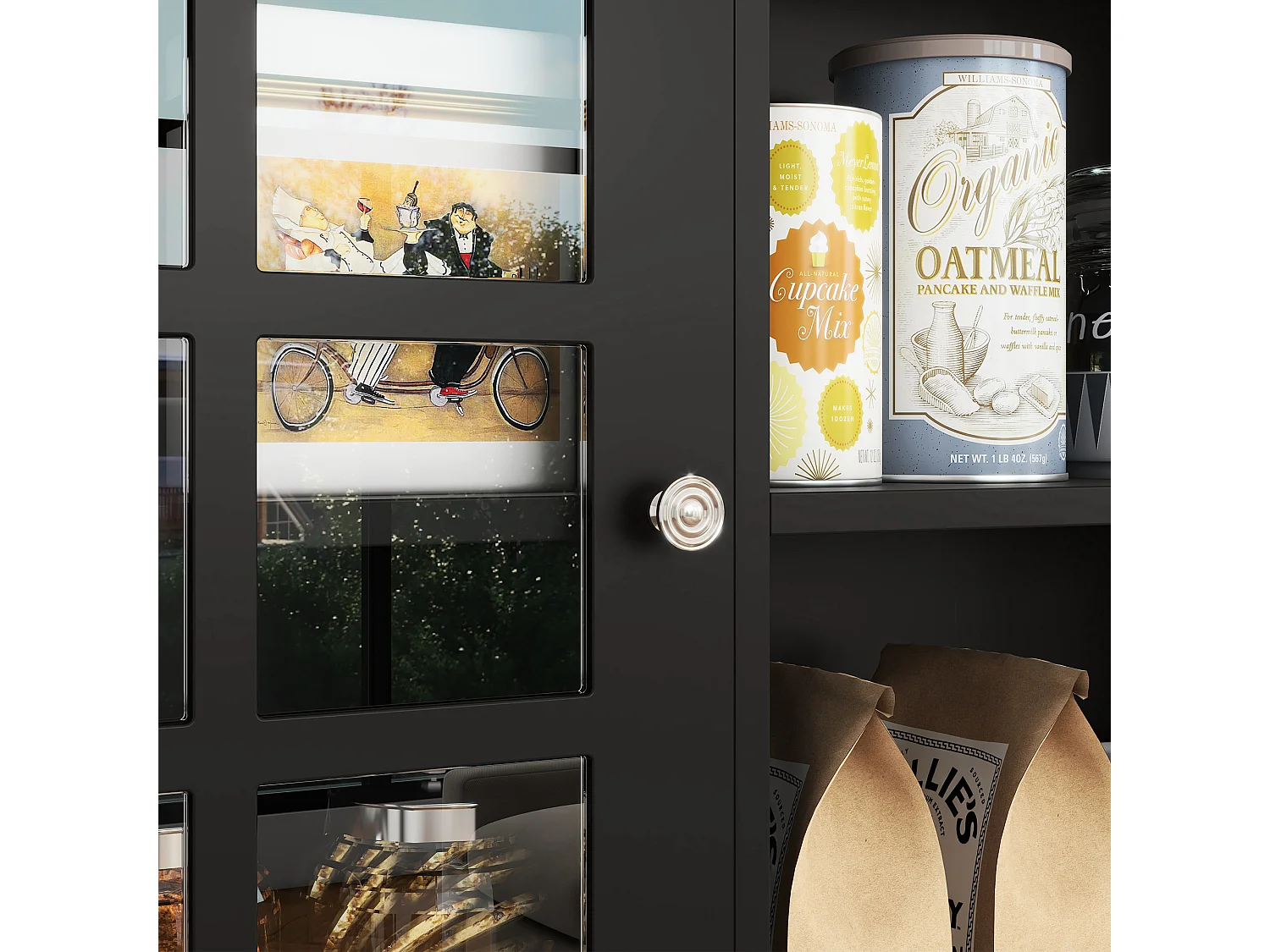 Armoire de cuisine multi-rangements 3 portes vitrine verre avec étagère 2 niches grand plateau MDF noir chêne