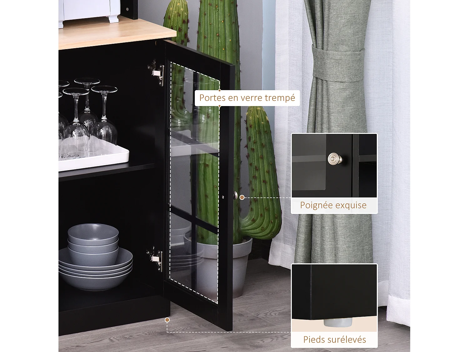Armoire de cuisine multi-rangements 3 portes vitrine verre avec étagère 2 niches grand plateau MDF noir chêne