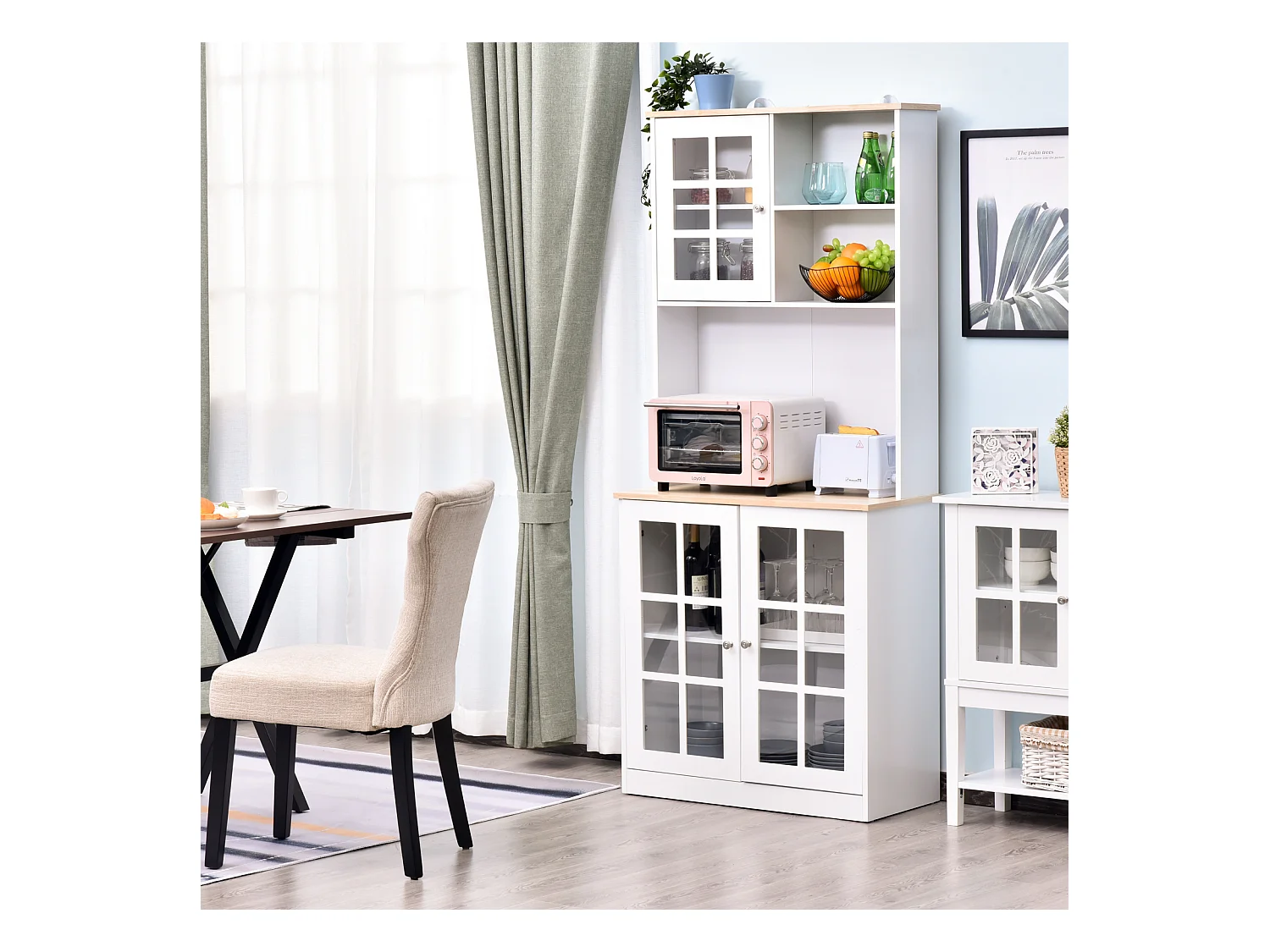 Armoire de cuisine multi-rangements 3 portes vitrine verre avec étagère 2 niches grand plateau MDF blanc chêne