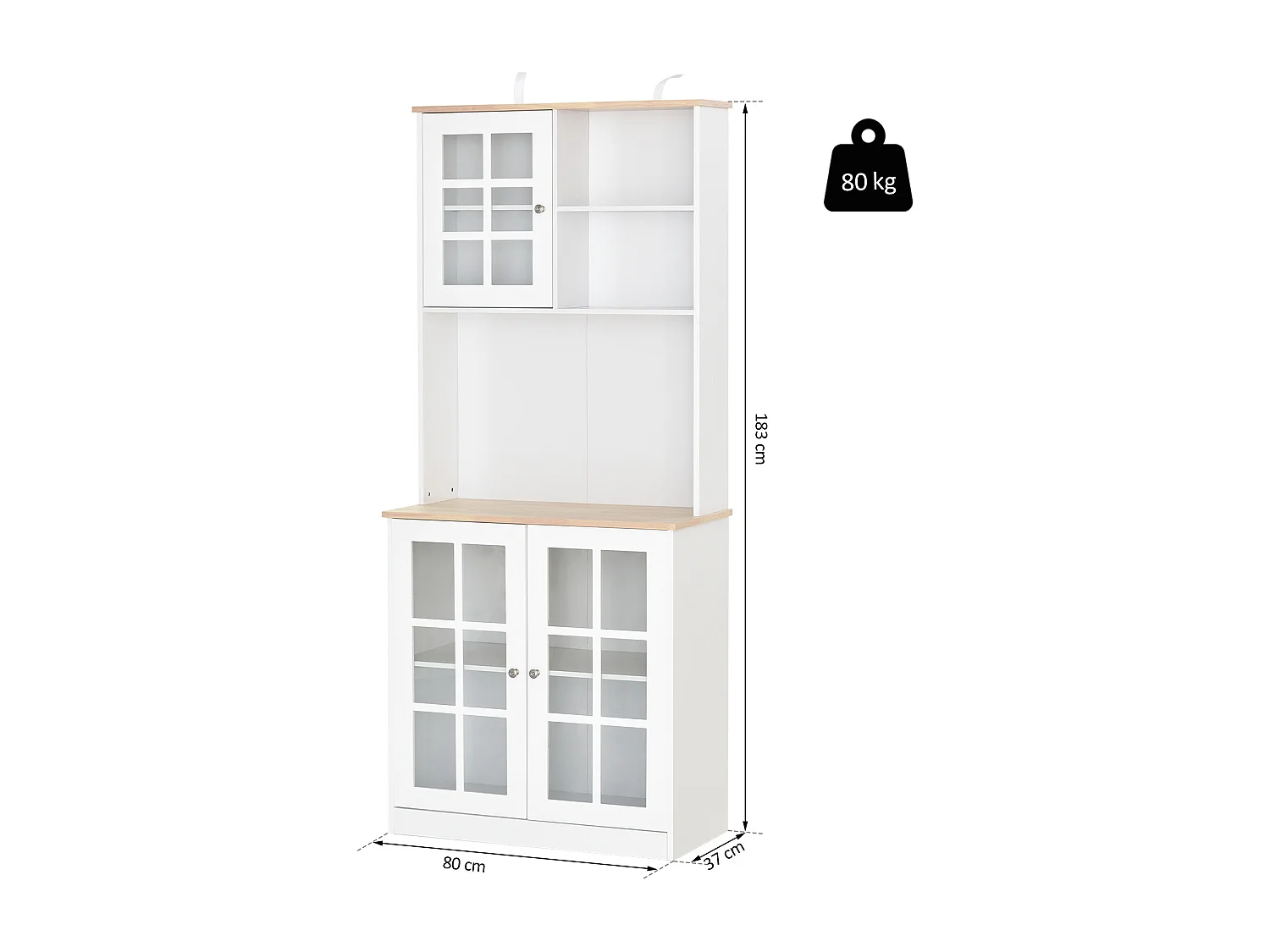 Armoire de cuisine multi-rangements 3 portes vitrine verre avec étagère 2 niches grand plateau MDF blanc chêne