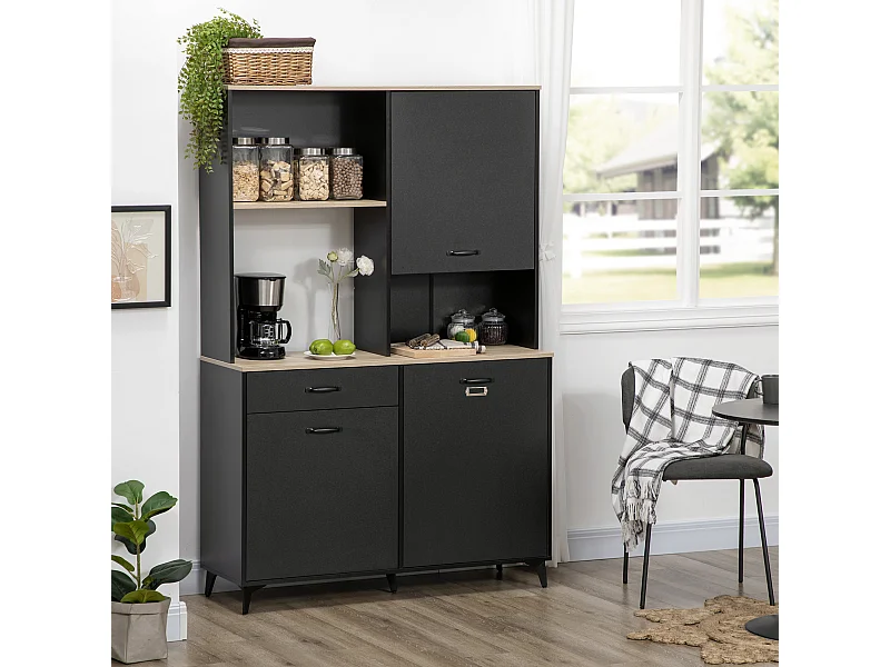 Buffet haut design industriel multi-rangement - 3 portes avec étagère, tiroir, niche, grand plateau - piètement métal noir aspect chêne clair