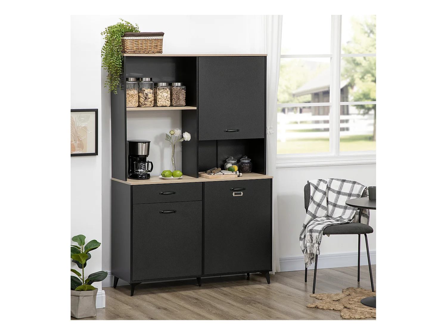 Buffet haut design industriel multi-rangement - 3 portes avec étagère, tiroir, niche, grand plateau - piètement métal noir aspect chêne clair