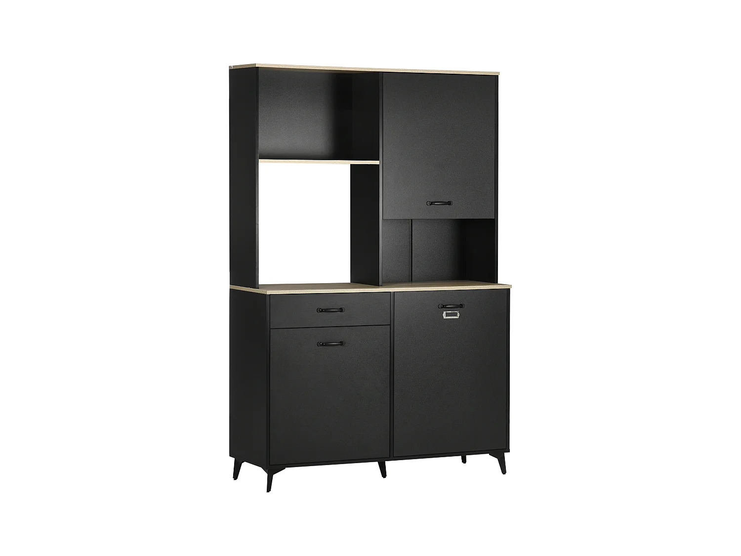 Buffet haut design industriel multi-rangement - 3 portes avec étagère, tiroir, niche, grand plateau - piètement métal noir aspect chêne clair
