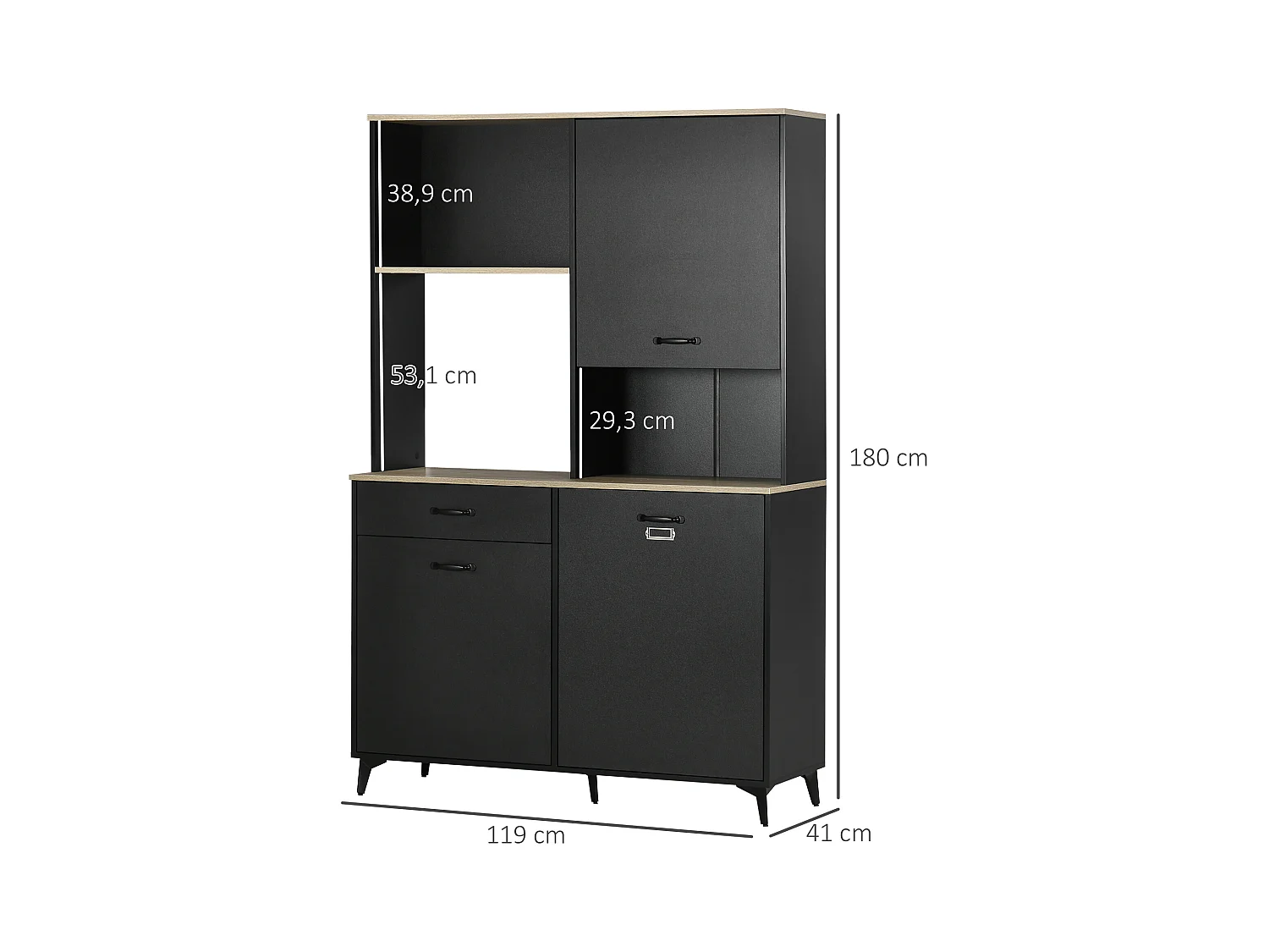 Buffet haut design industriel multi-rangement - 3 portes avec étagère, tiroir, niche, grand plateau - piètement métal noir aspect chêne clair