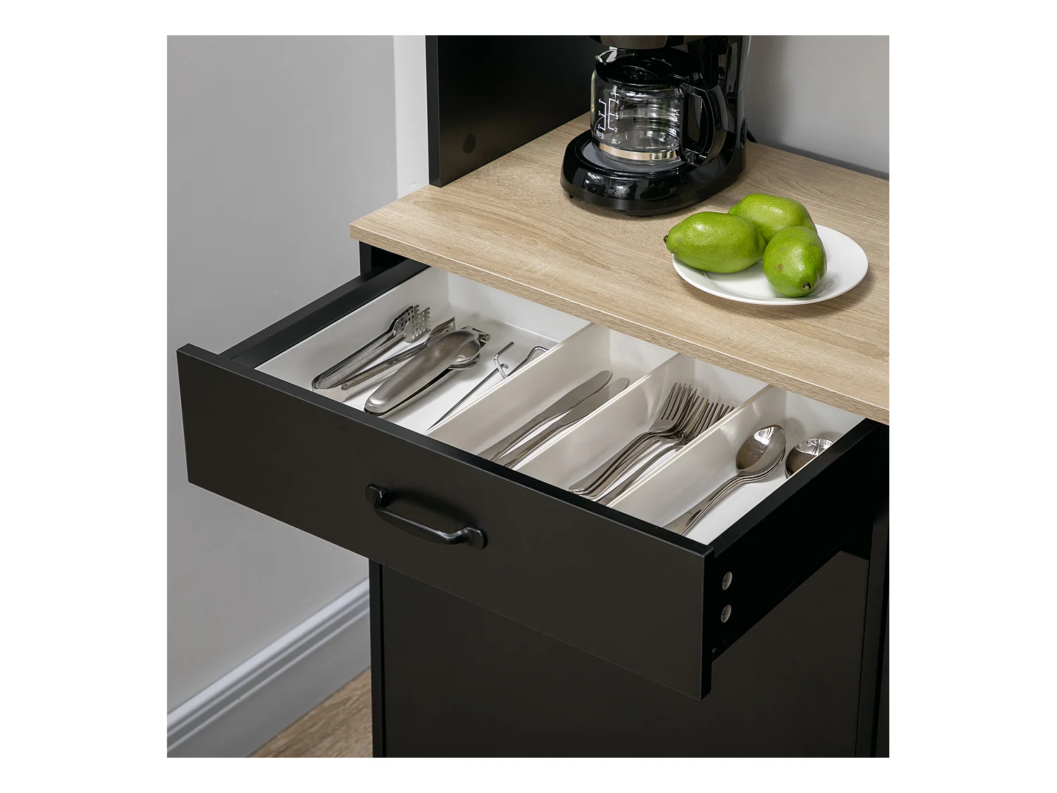 Buffet haut design industriel multi-rangement - 3 portes avec étagère, tiroir, niche, grand plateau - piètement métal noir aspect chêne clair