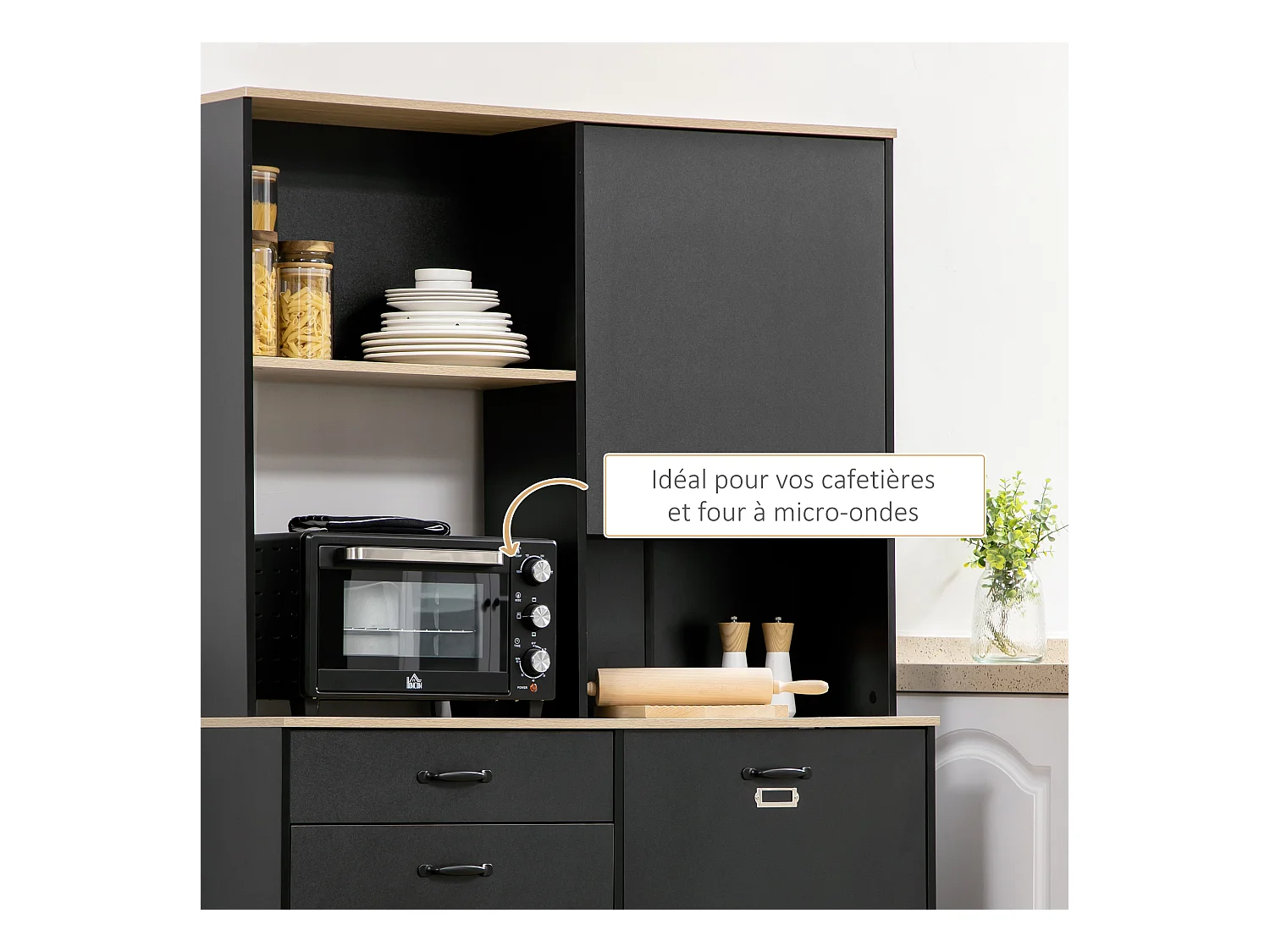 Buffet haut design industriel multi-rangement - 3 portes avec étagère, tiroir, niche, grand plateau - piètement métal noir aspect chêne clair