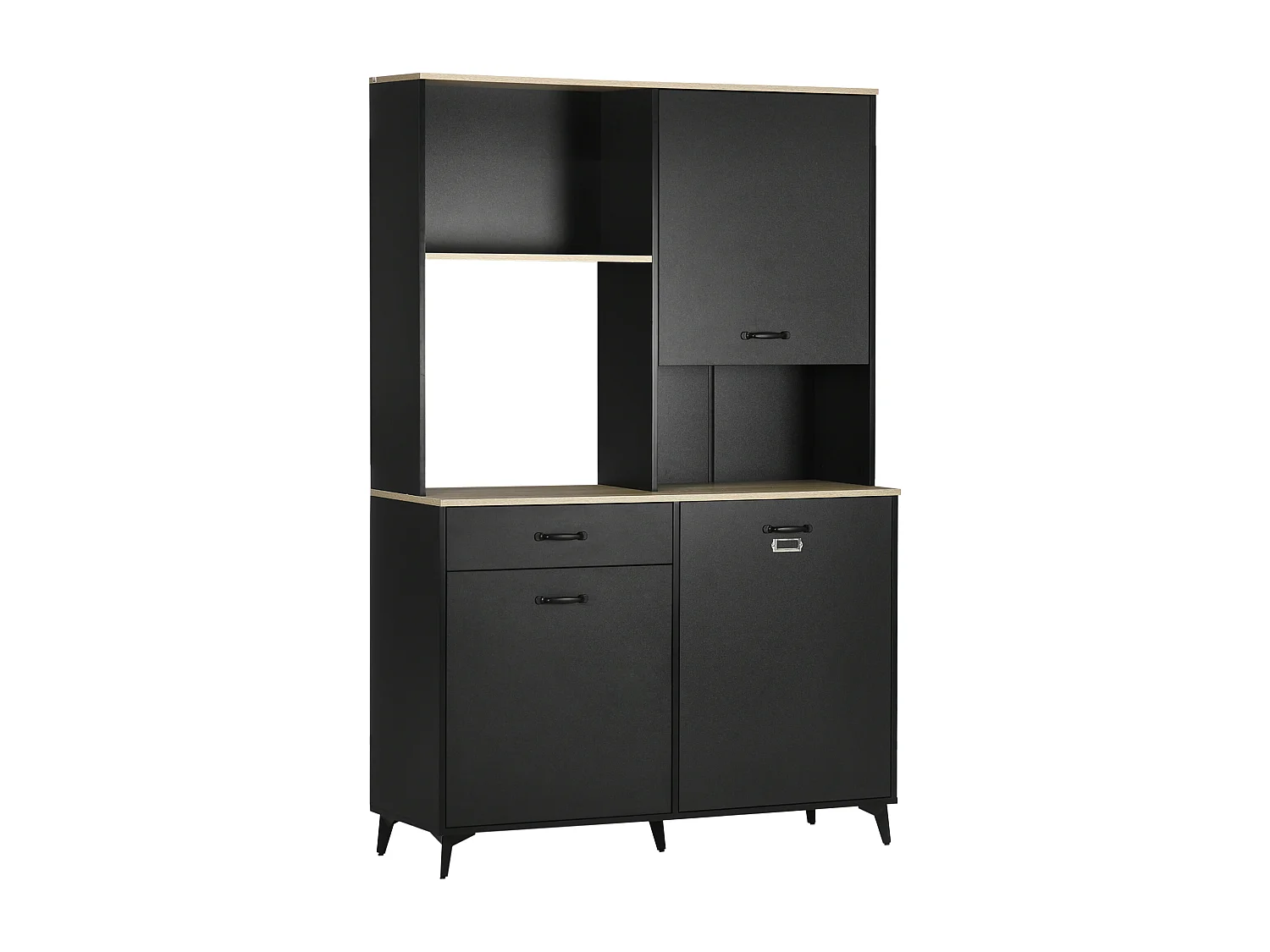 Buffet haut design industriel multi-rangement - 3 portes avec étagère, tiroir, niche, grand plateau - piètement métal noir aspect chêne clair