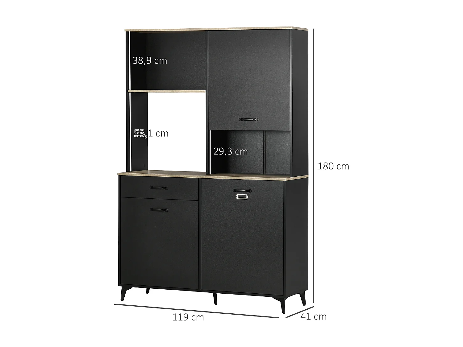 Buffet haut design industriel multi-rangement - 3 portes avec étagère, tiroir, niche, grand plateau - piètement métal noir aspect chêne clair