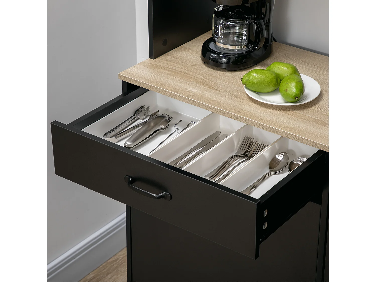 Buffet haut design industriel multi-rangement - 3 portes avec étagère, tiroir, niche, grand plateau - piètement métal noir aspect chêne clair