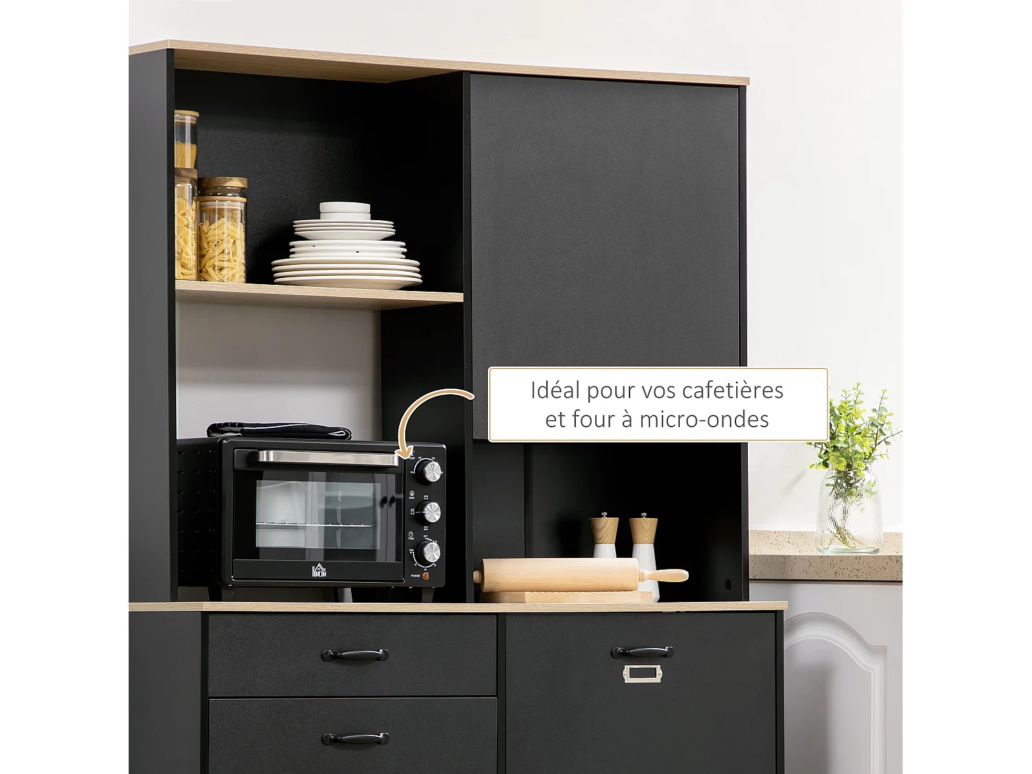 Buffet haut design industriel multi-rangement - 3 portes avec étagère, tiroir, niche, grand plateau - piètement métal noir aspect chêne clair