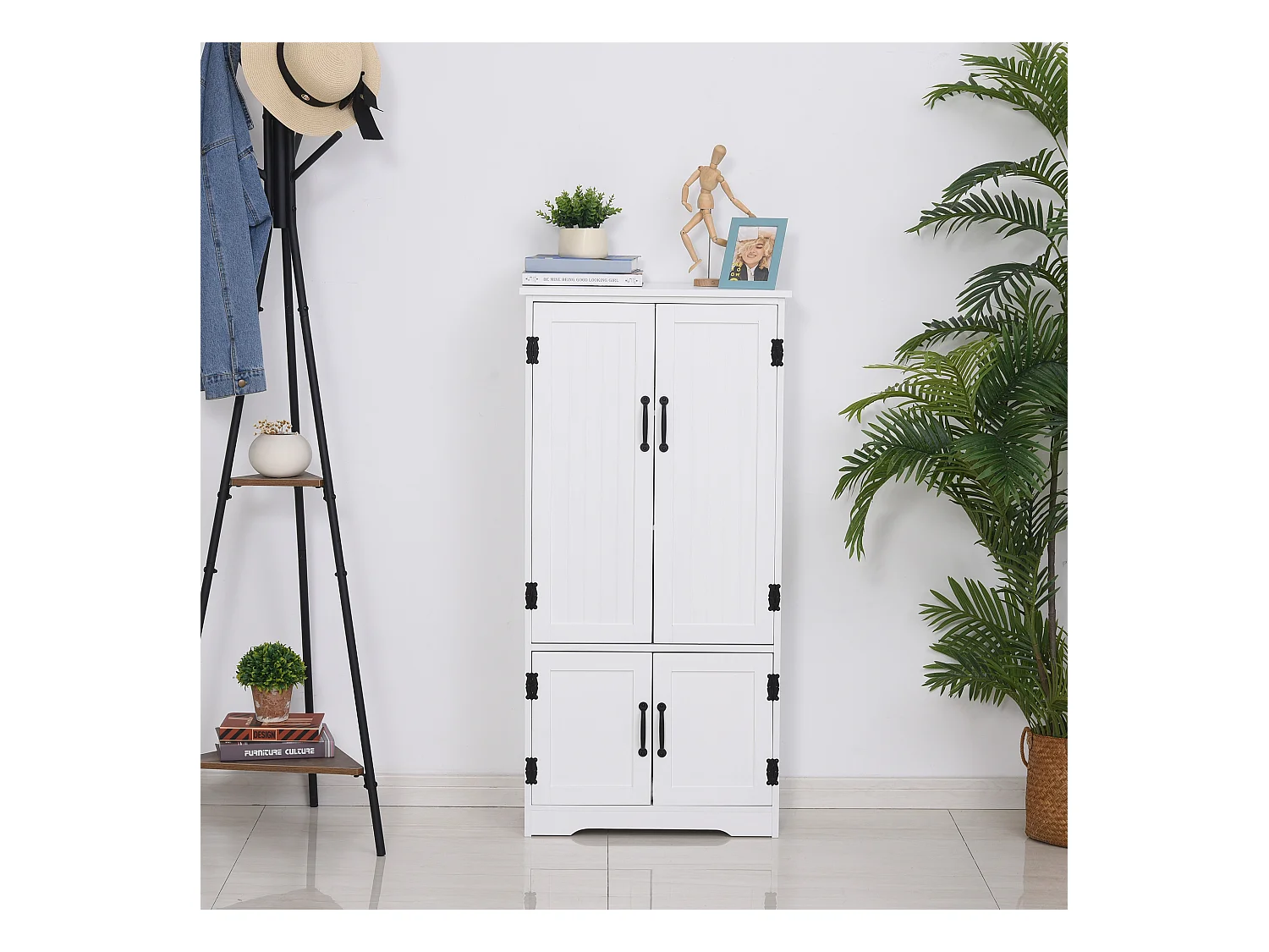 Armoire de cuisine contemporaine multi-rangements 2 placards 3 étagères MDF panneaux particules blanc