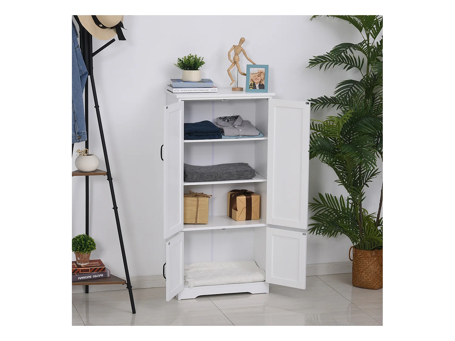 Armoire de cuisine contemporaine multi-rangements 2 placards 3 étagères MDF panneaux particules blanc