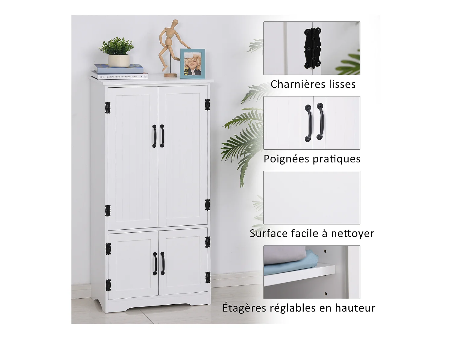 Armoire de cuisine contemporaine multi-rangements 2 placards 3 étagères MDF panneaux particules blanc