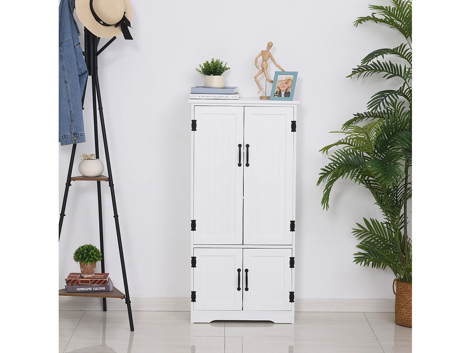 Armoire de cuisine contemporaine multi-rangements 2 placards 3 étagères MDF panneaux particules blanc