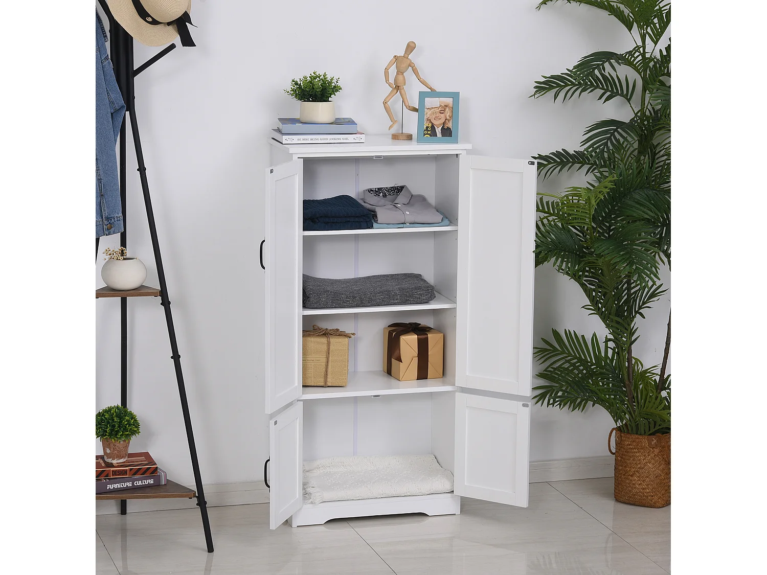 Armoire de cuisine contemporaine multi-rangements 2 placards 3 étagères MDF panneaux particules blanc