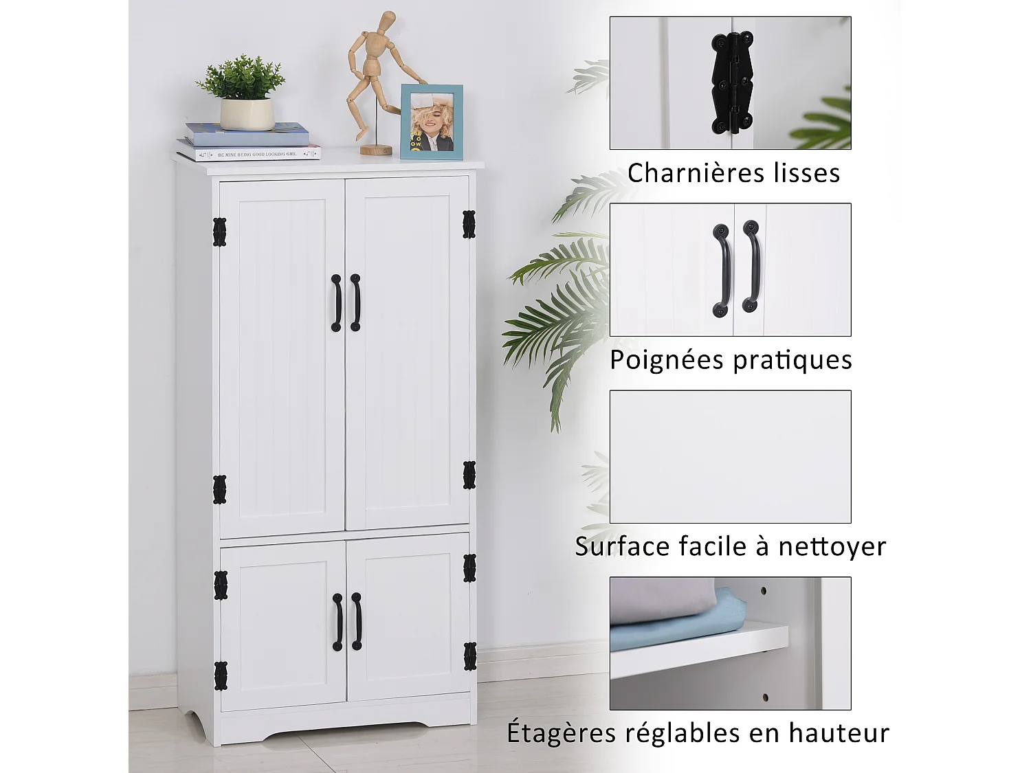 Armoire de cuisine contemporaine multi-rangements 2 placards 3 étagères MDF panneaux particules blanc