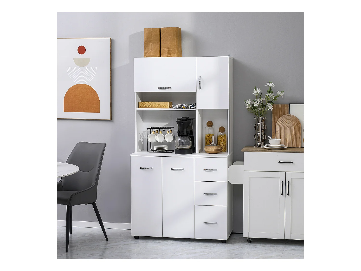 Armoire de cuisine multi-rangement 4 portes 3 tiroirs étagère + grand plateau 89L x 39l x 168H cm MDF blanc