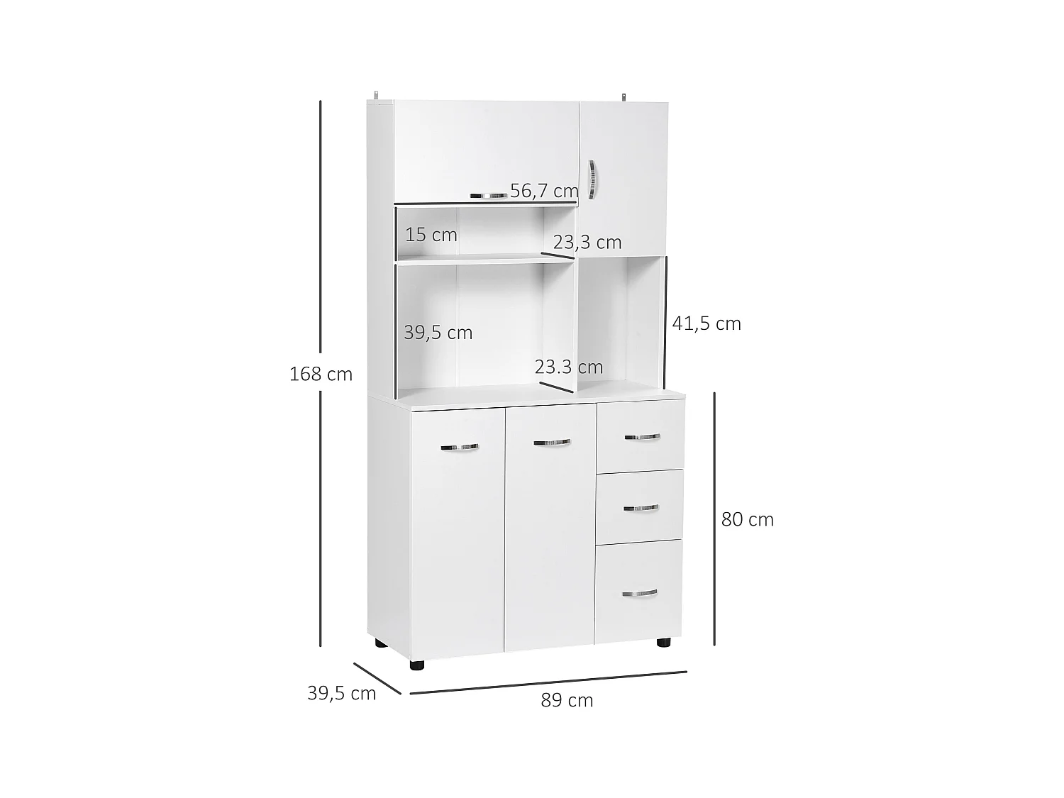 Armoire de cuisine multi-rangement 4 portes 3 tiroirs étagère + grand plateau 89L x 39l x 168H cm MDF blanc