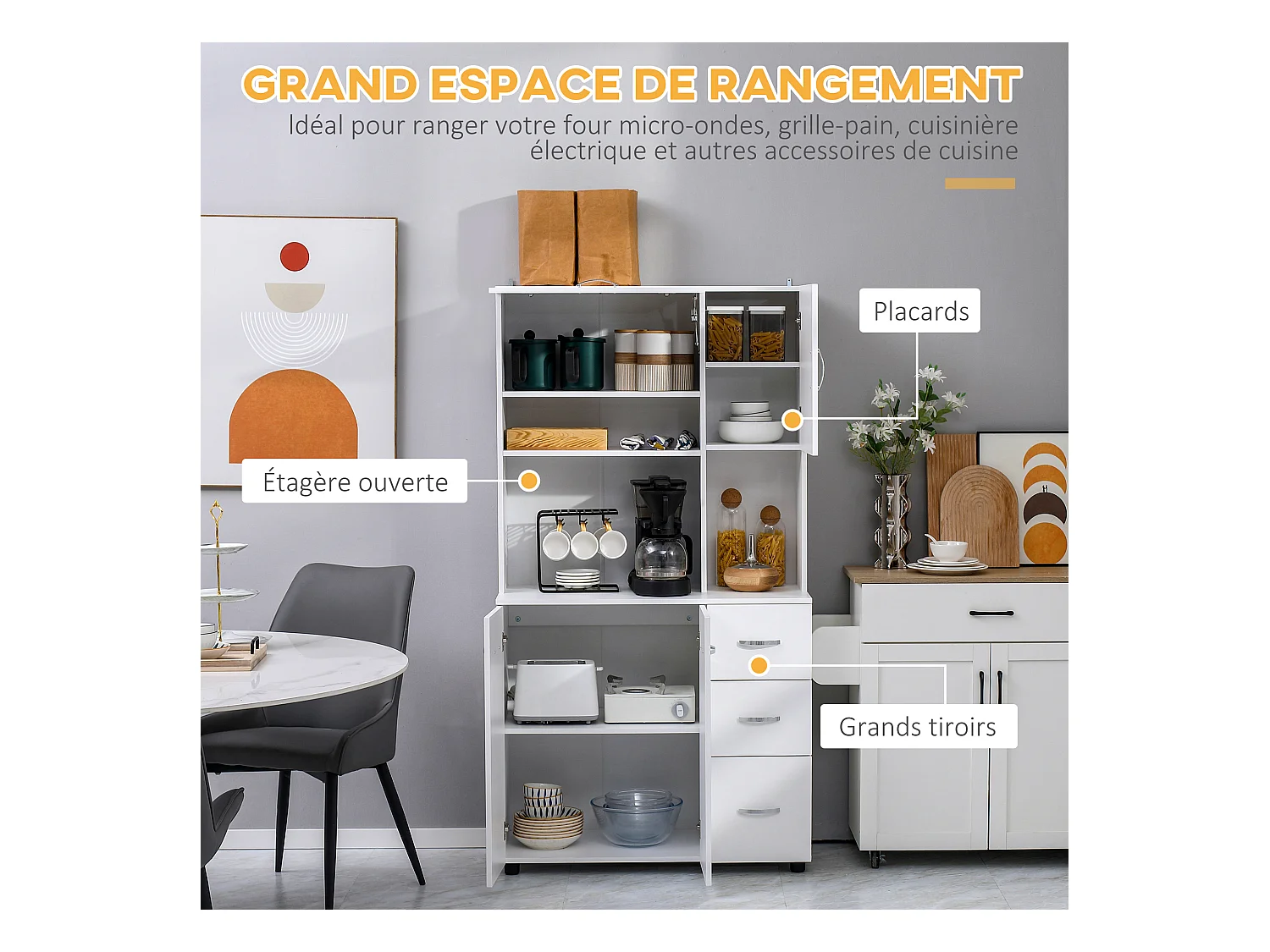 Armoire de cuisine multi-rangement 4 portes 3 tiroirs étagère + grand plateau 89L x 39l x 168H cm MDF blanc