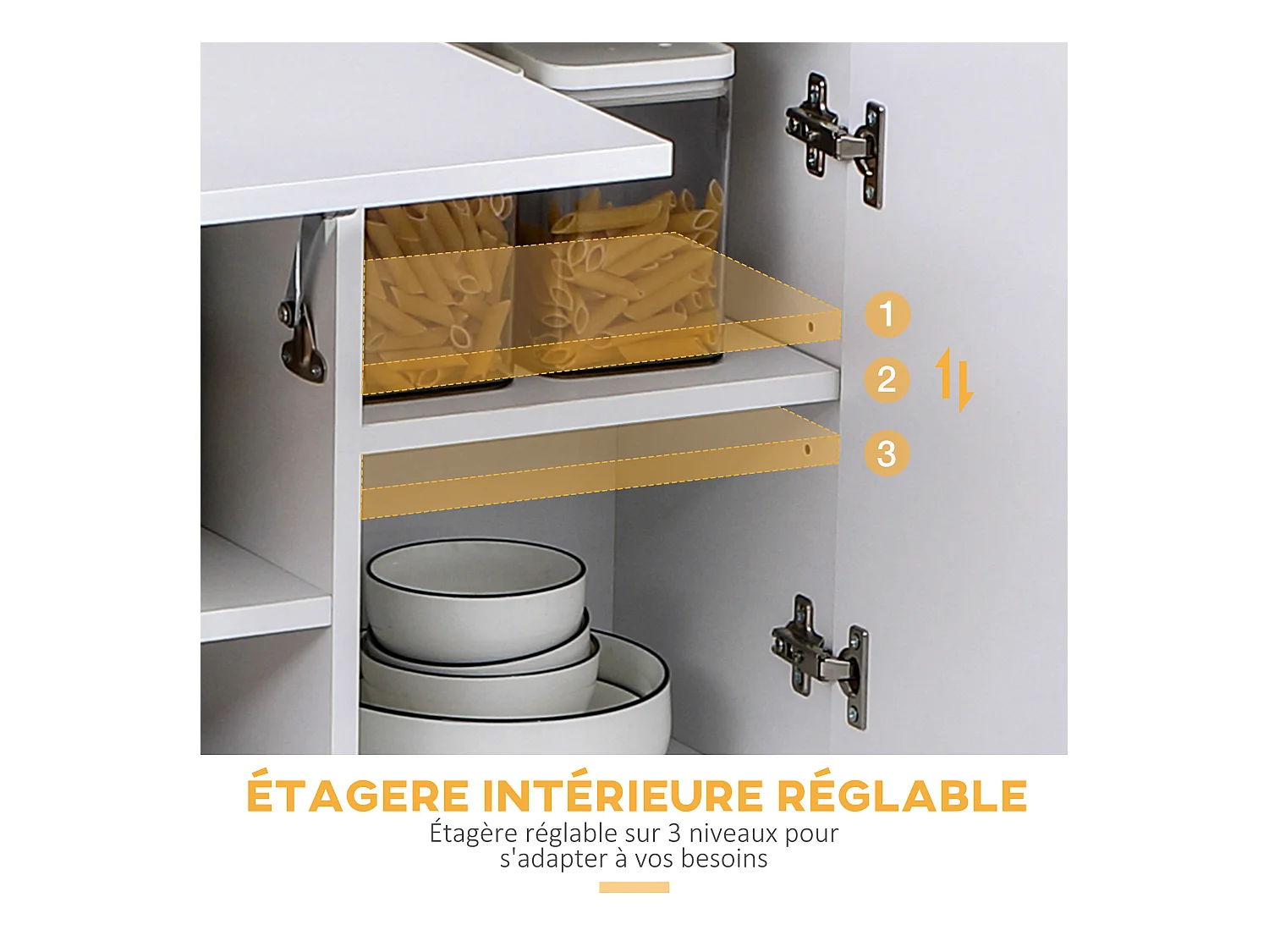 Armoire de cuisine multi-rangement 4 portes 3 tiroirs étagère + grand plateau 89L x 39l x 168H cm MDF blanc