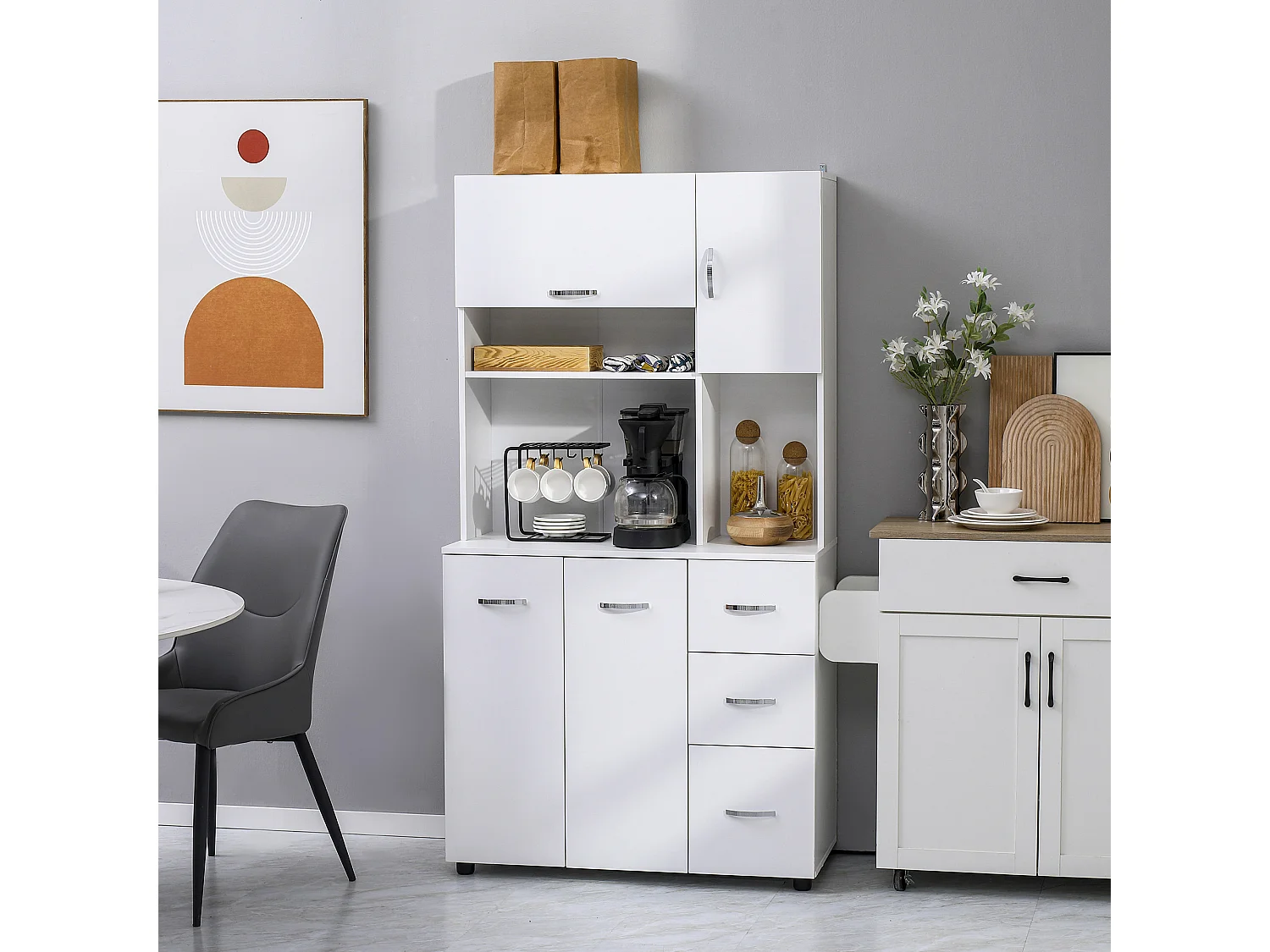 Armoire de cuisine multi-rangement 4 portes 3 tiroirs étagère + grand plateau 89L x 39l x 168H cm MDF blanc