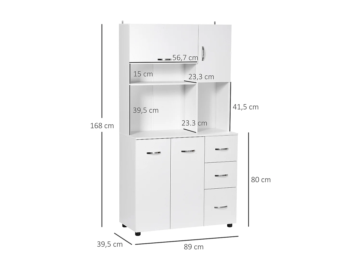 Armoire de cuisine multi-rangement 4 portes 3 tiroirs étagère + grand plateau 89L x 39l x 168H cm MDF blanc