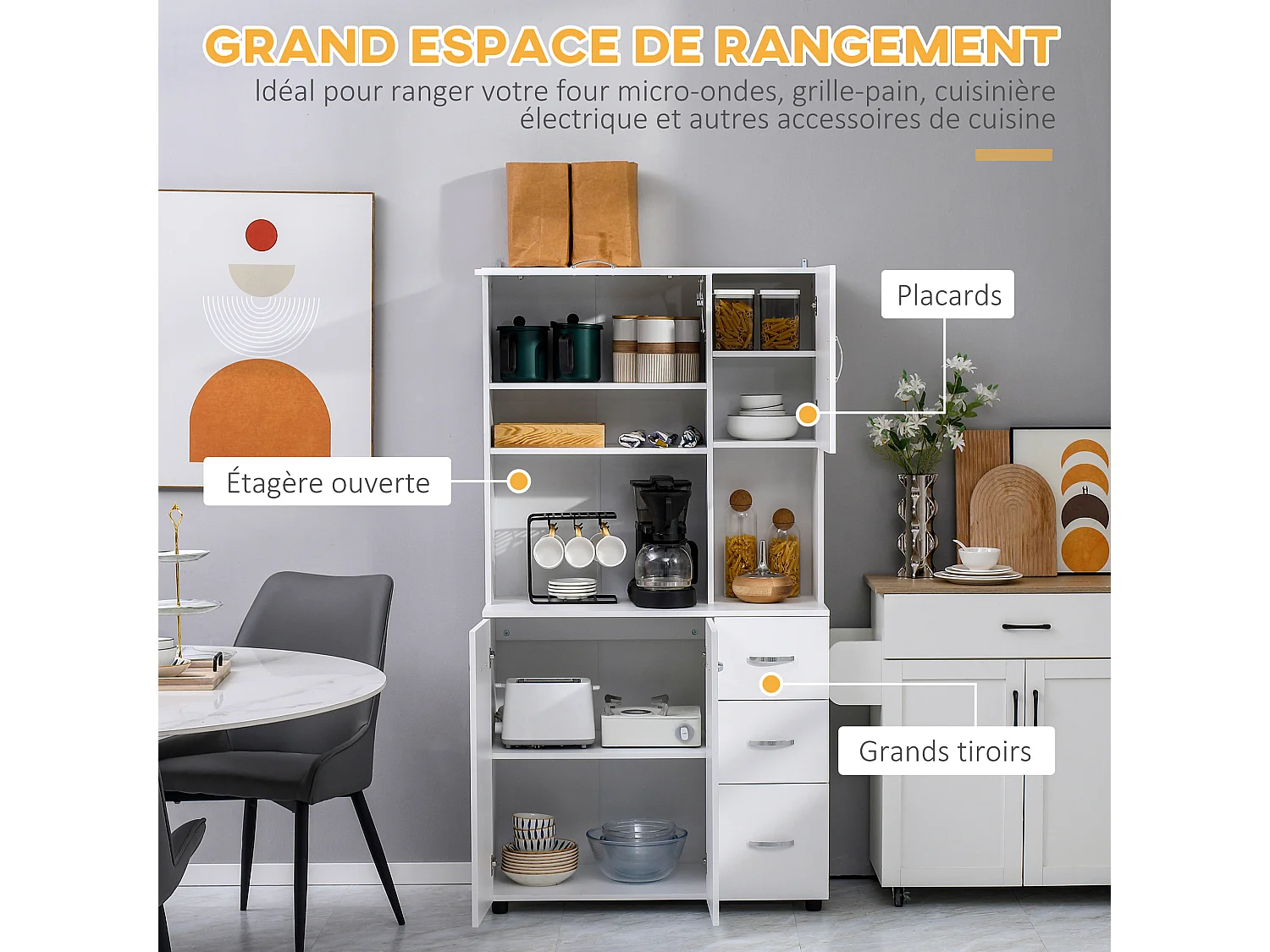 Armoire de cuisine multi-rangement 4 portes 3 tiroirs étagère + grand plateau 89L x 39l x 168H cm MDF blanc