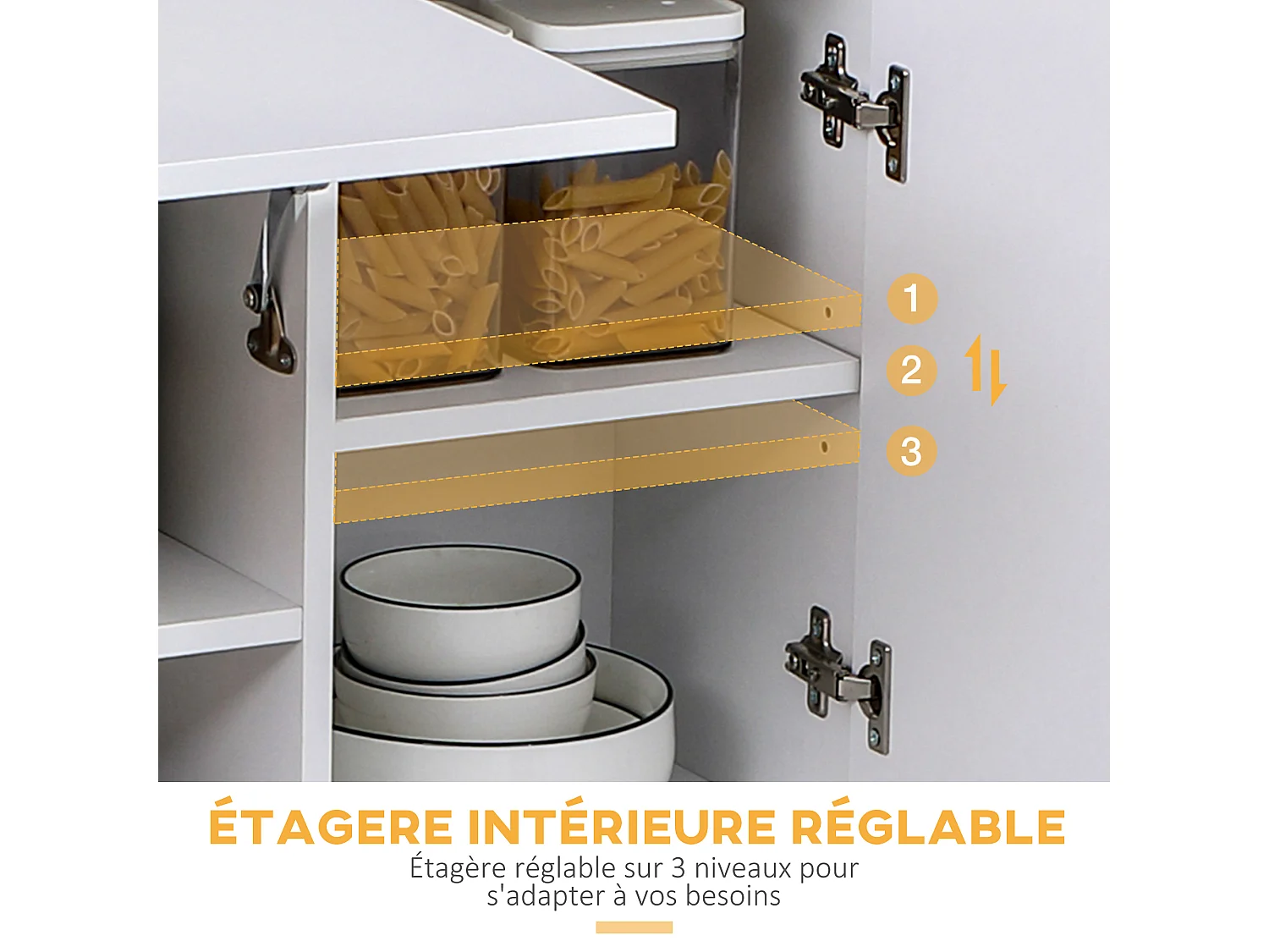 Armoire de cuisine multi-rangement 4 portes 3 tiroirs étagère + grand plateau 89L x 39l x 168H cm MDF blanc