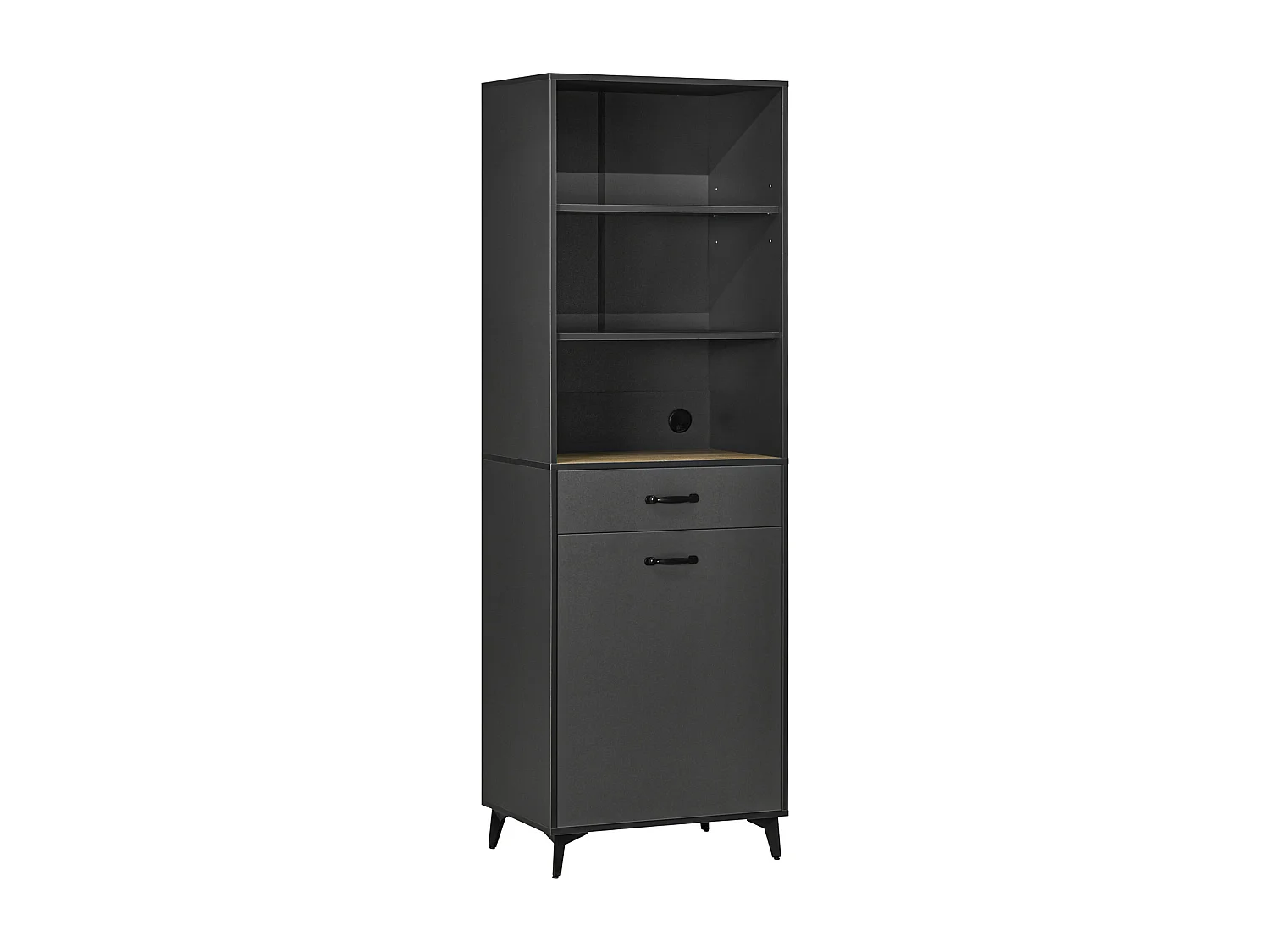 Buffet haut design industriel multi-rangement - porte avec étagère, tiroir, 3 niches - piètement métal noir MDF gris