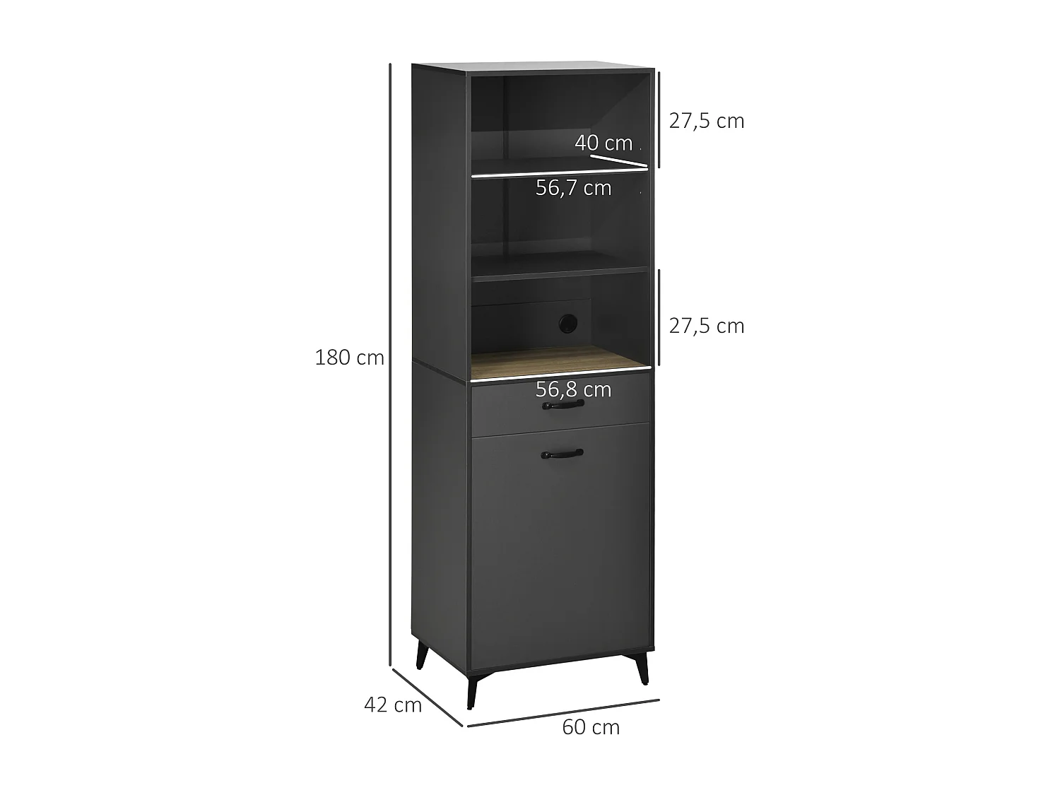 Buffet haut design industriel multi-rangement - porte avec étagère, tiroir, 3 niches - piètement métal noir MDF gris