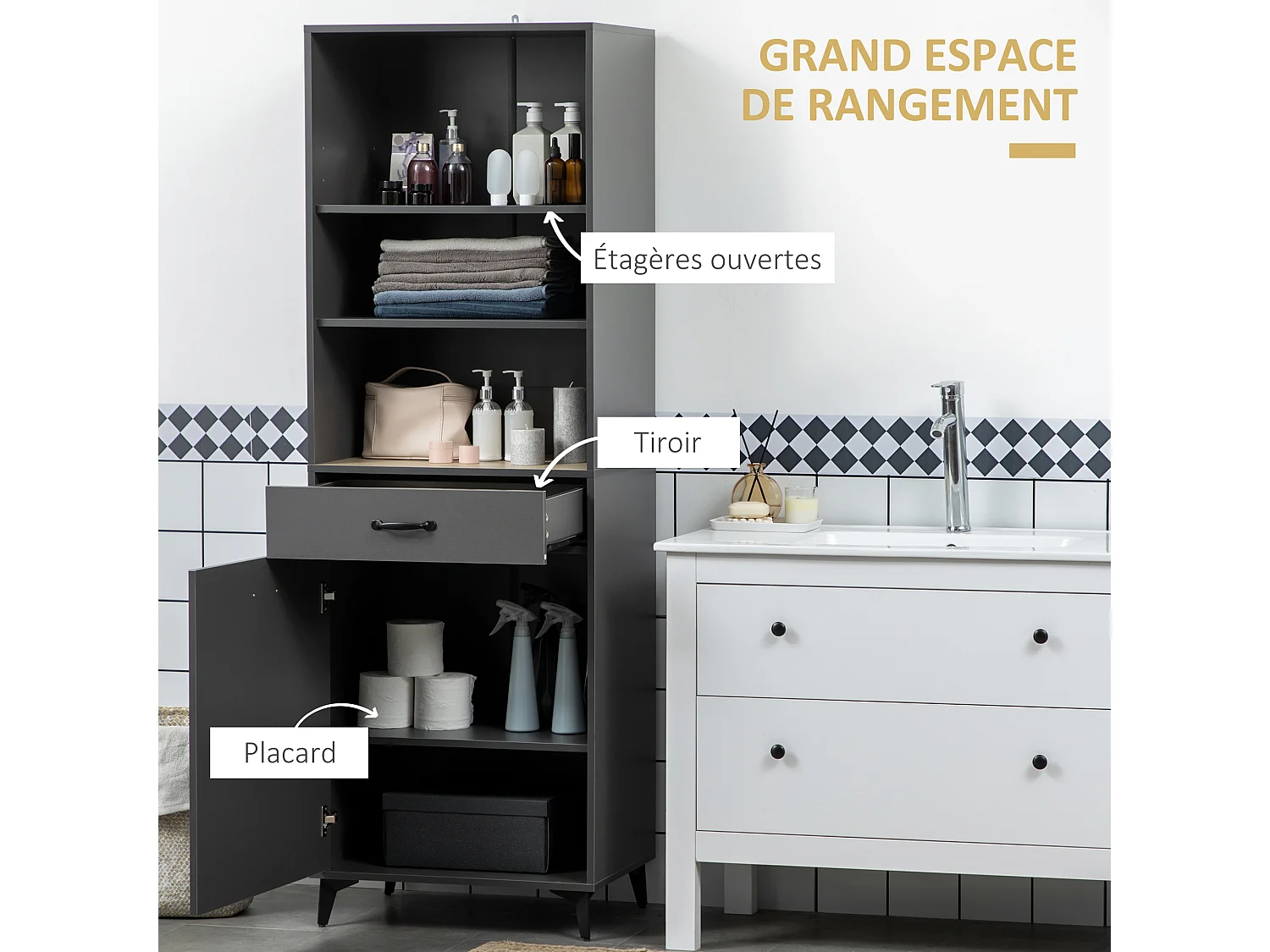 Buffet haut design industriel multi-rangement - porte avec étagère, tiroir, 3 niches - piètement métal noir MDF gris