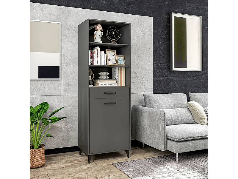 Buffet haut design industriel multi-rangement - porte avec étagère, tiroir, 3 niches - piètement métal noir MDF gris