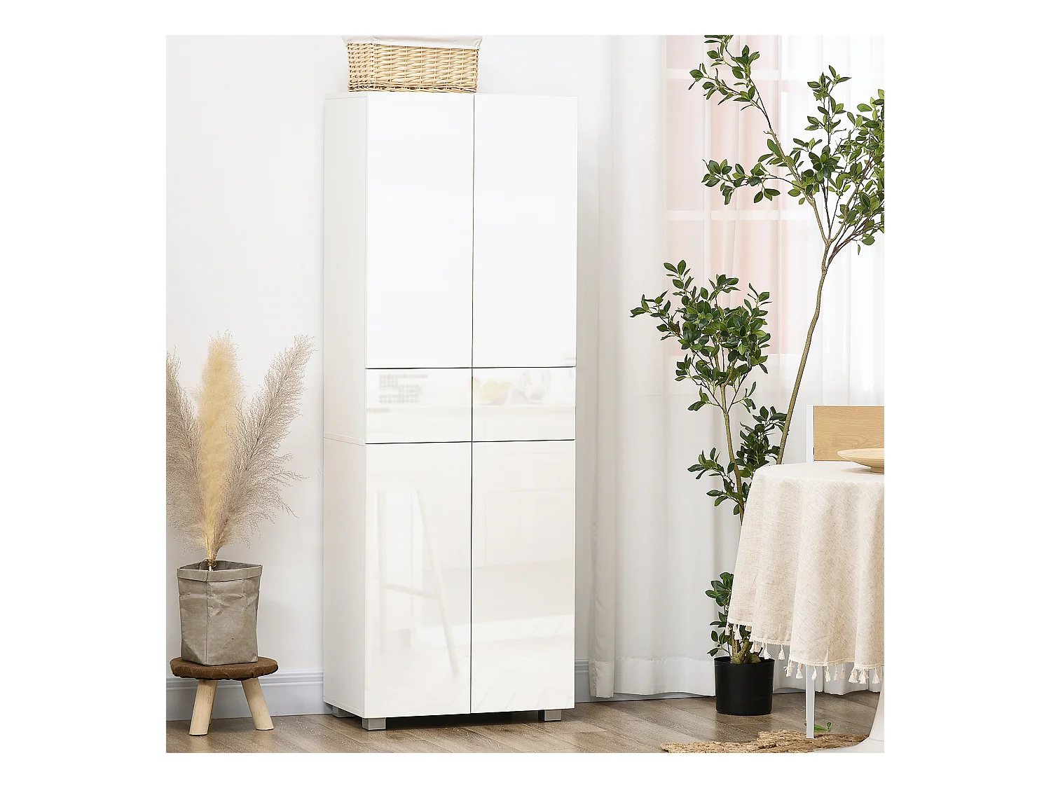 Buffet haut de cuisine blanc laqué style contemporain - 4 portes, 3 étagères réglables, 2 tiroirs