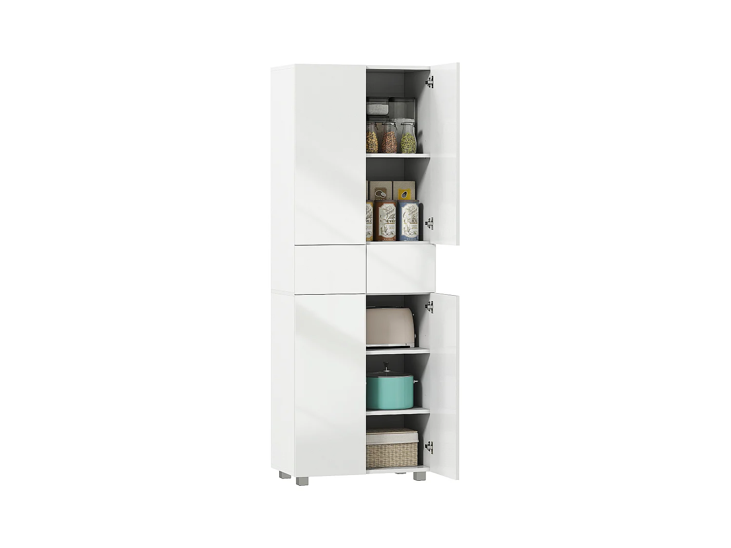 Buffet haut de cuisine blanc laqué style contemporain - 4 portes, 3 étagères réglables, 2 tiroirs