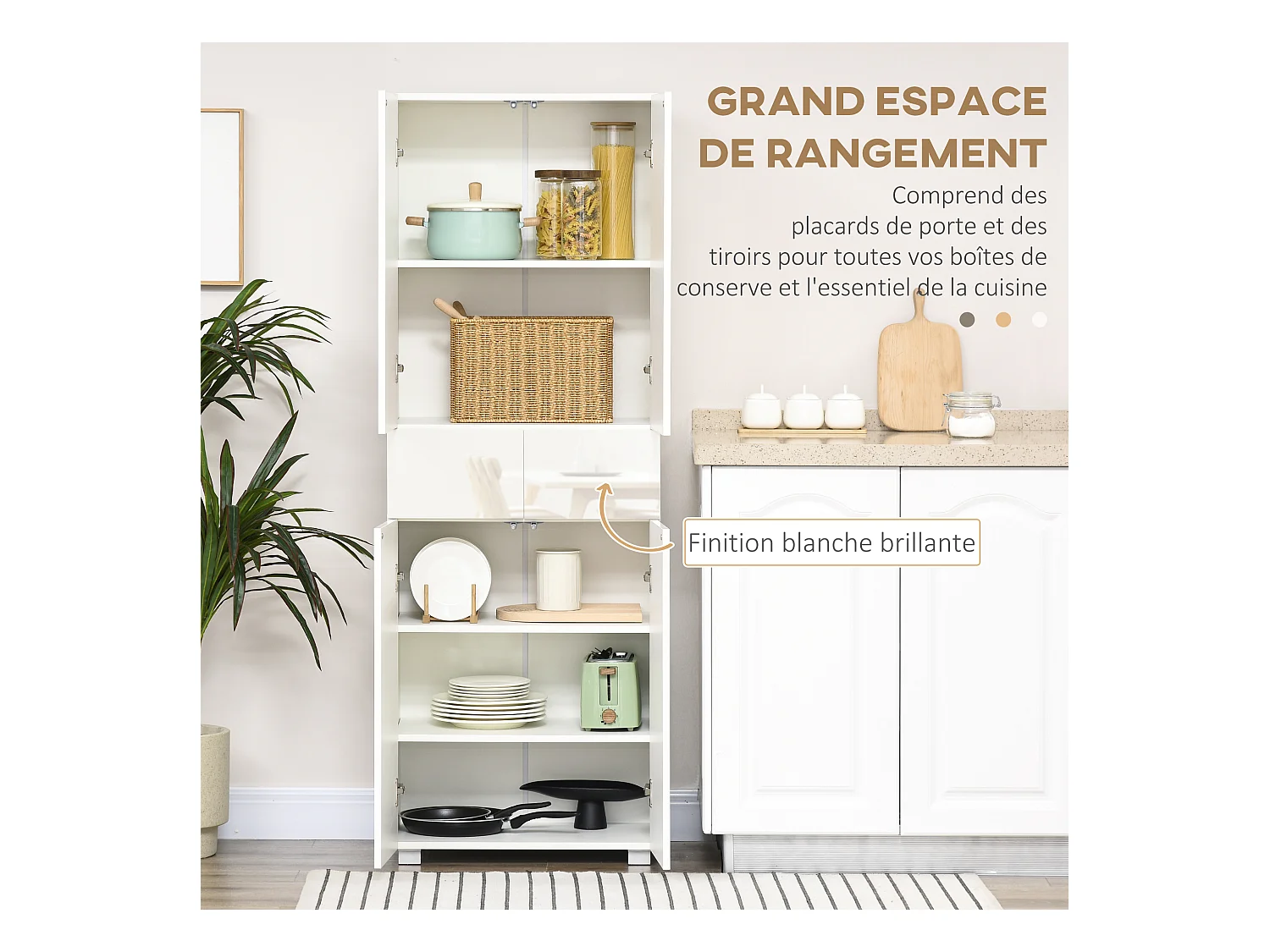 Buffet haut de cuisine blanc laqué style contemporain - 4 portes, 3 étagères réglables, 2 tiroirs