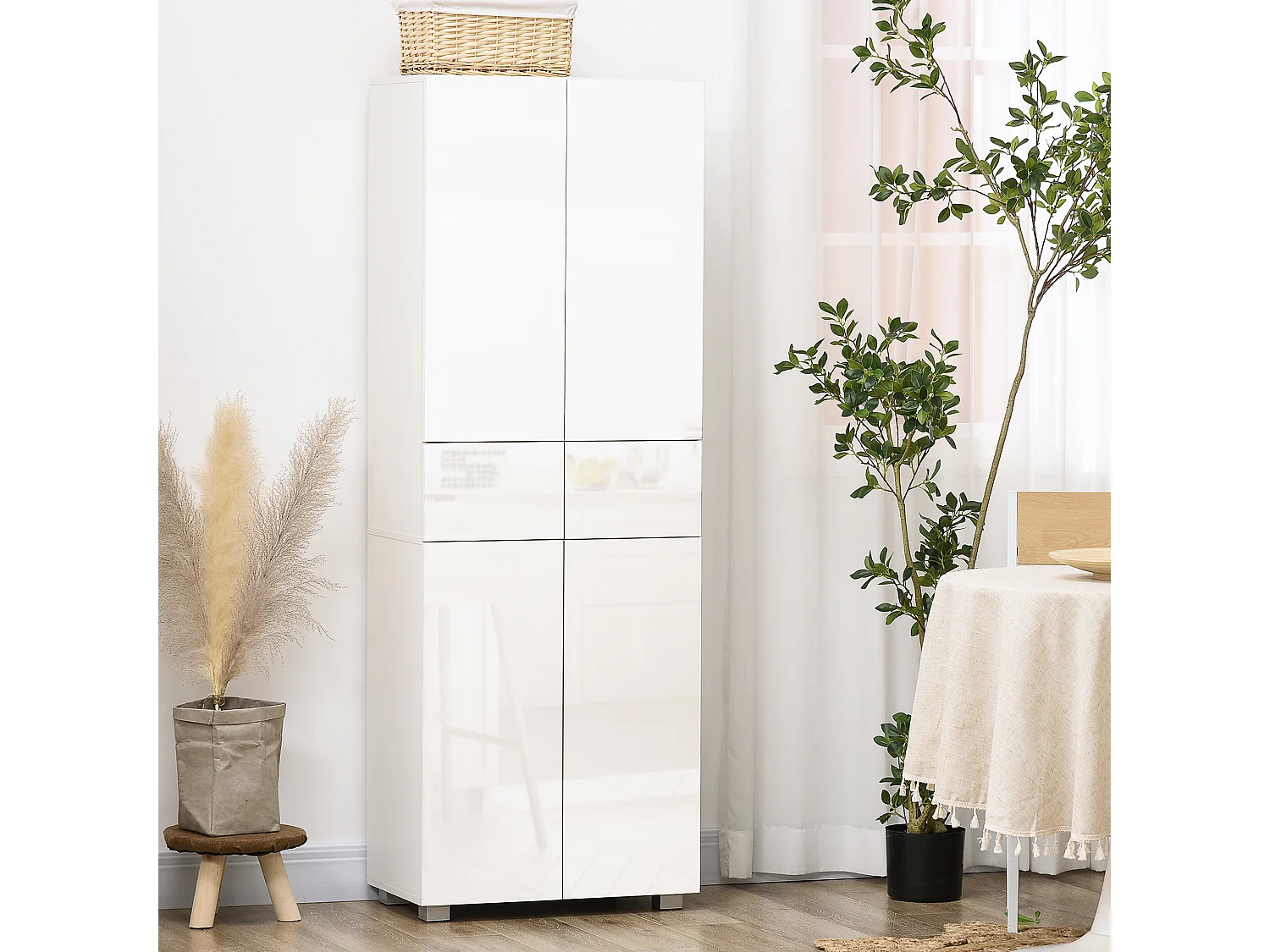 Buffet haut de cuisine blanc laqué style contemporain - 4 portes, 3 étagères réglables, 2 tiroirs