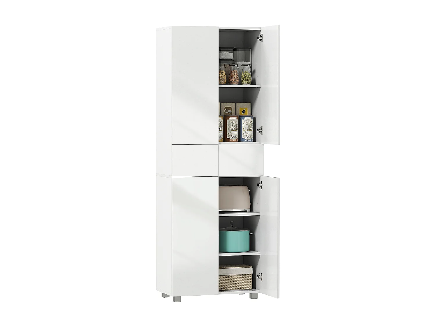Buffet haut de cuisine blanc laqué style contemporain - 4 portes, 3 étagères réglables, 2 tiroirs