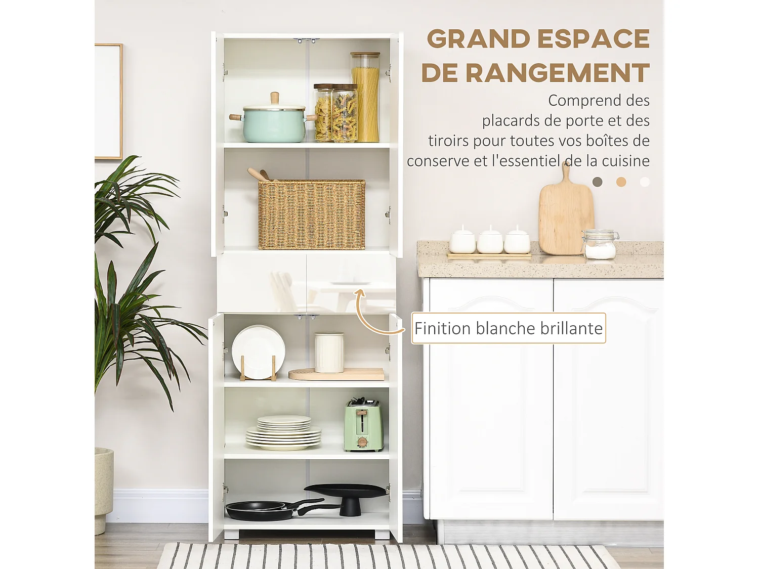 Buffet haut de cuisine blanc laqué style contemporain - 4 portes, 3 étagères réglables, 2 tiroirs