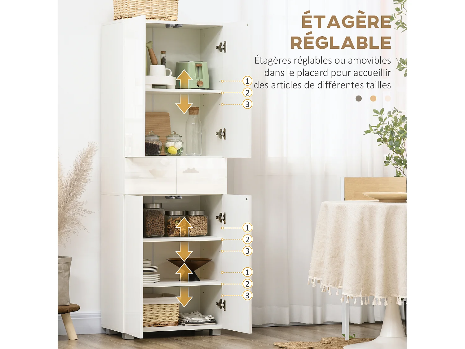 Buffet haut de cuisine blanc laqué style contemporain - 4 portes, 3 étagères réglables, 2 tiroirs